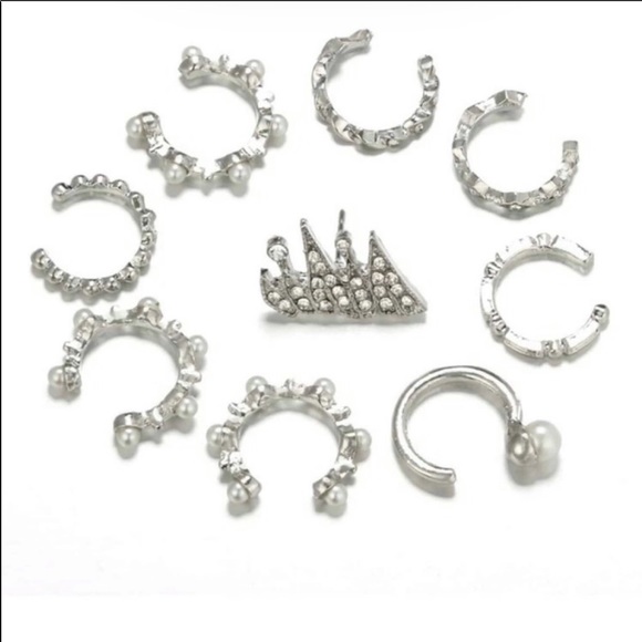 9 Pc. Faux Pearl + Crystal Ear Cuff + Stud Set - Picture 2 of 4